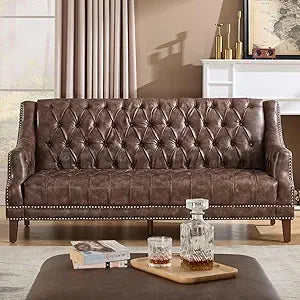 Mid Century Modern 74.5" Faux Leather Sofa, 3 Seater Tufted Upholstered Couch with High Back & Nailhead Trim, Chesterfield Sofa