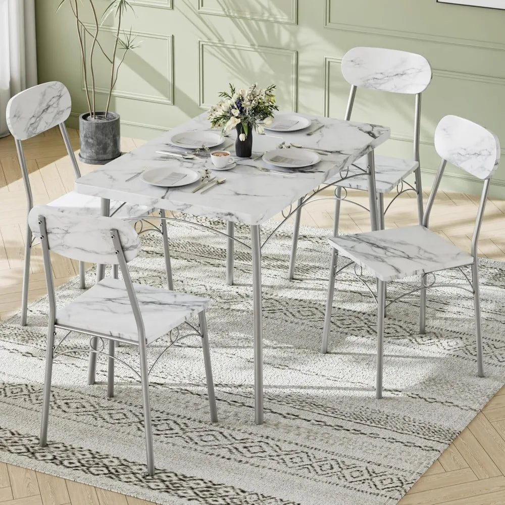 Dining Table Set for 4, 5-Piece Kitchen Table with 4 Chairs, MDF Board Tabletop with Metal Frame for Small Space, Compact Dinet