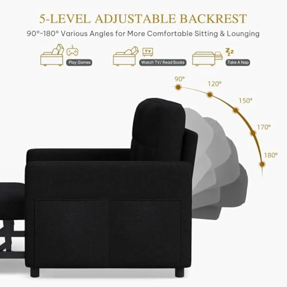 55" Convertible Sofa Bed, 3-in-1 Sleeper Sofa with Pull-Out Bed, Linen Futon Couch with Side Pocket and Adjustable Backrest
