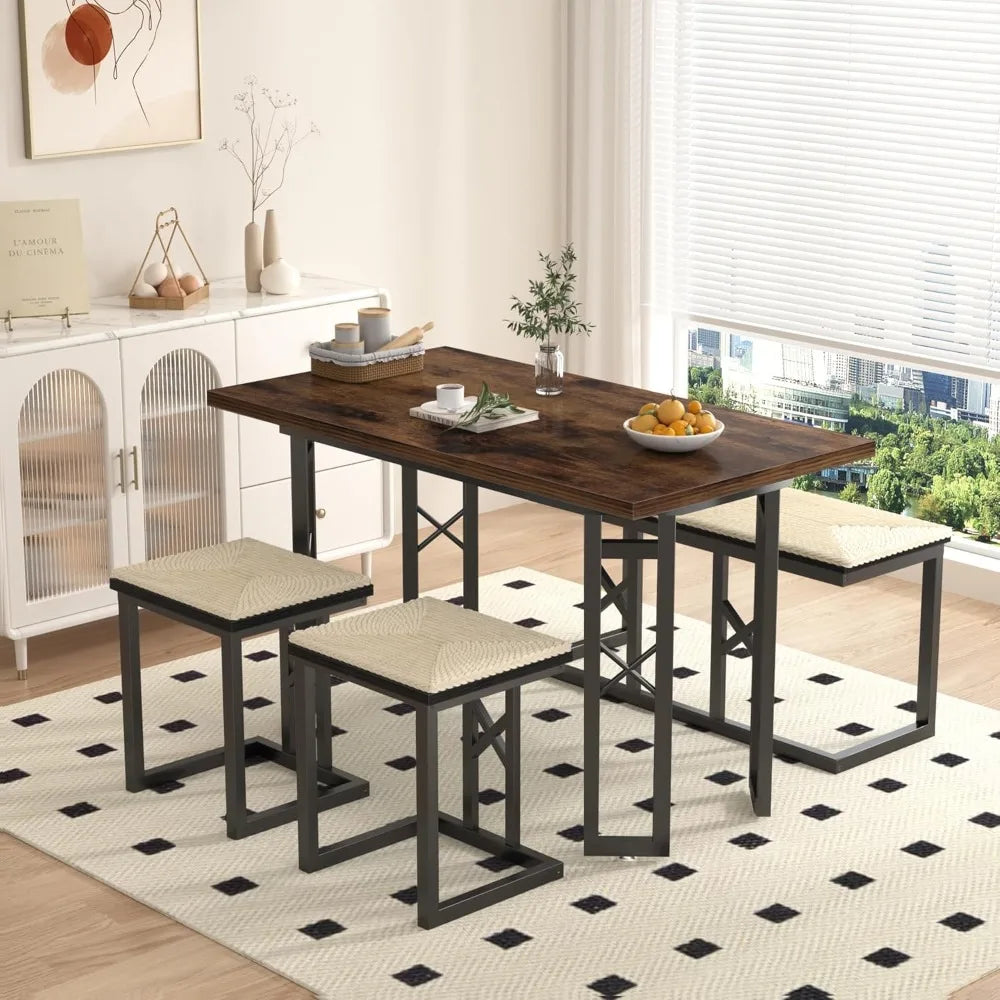 43.3" Dining Table Sets, Farmhouse Kitchen Table for 4 with 3 Seats & Wicker Seat Cushions,Metal Frame Space-Saving Adjustable