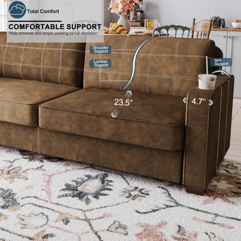 80 Inch Brown Faux Leather Sofa Couch (2 Sets) - Wide Armrests with 2 Built-in Cup Holders, Deep Seats, Contrast Stitching
