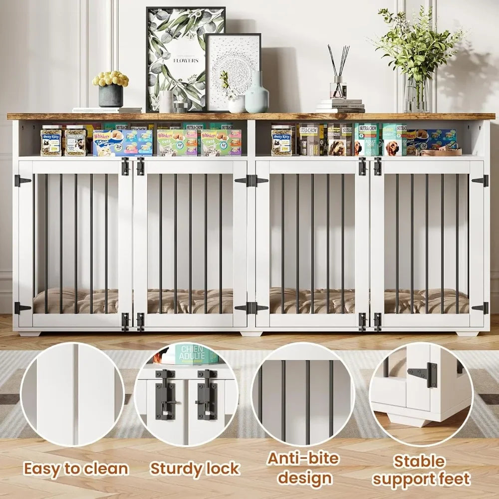 72 Inch Dog Crate Furniture for 2 Dogs Wooden Dog Crate with Storage Compartments Indoor Kennel with 4 Doors