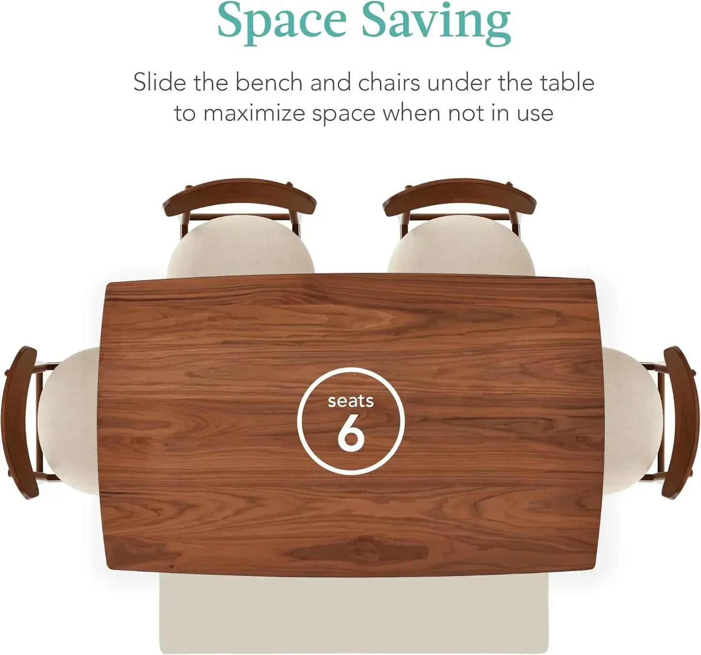 6-Piece Wooden Dining Set, Mid-Century Modern Table & Upholstered Chair Set w/Bench Seat, Rubberwood Legs - Brown/Cream