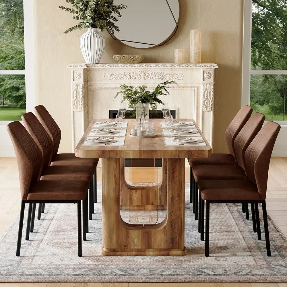 64.5" Dining Room Table Set for 6, Modern Farmhouse Wood Dining Table Set with Decorative Pedestal Legs & 6 Cushioned Chairs