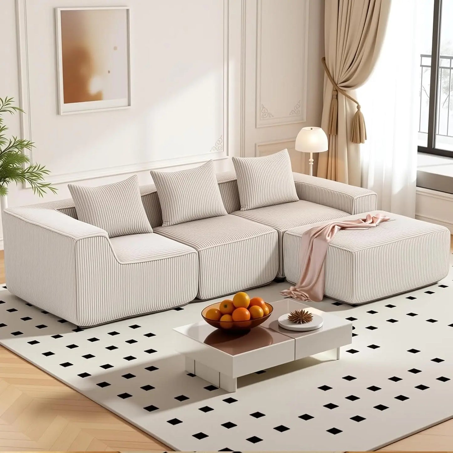 111.5" Cloud Couch, Modular Boneless Sectional Sofa for Living Room & Bedroom, Deep Seat 3-Seater Corduroy Modular Sofa Couch