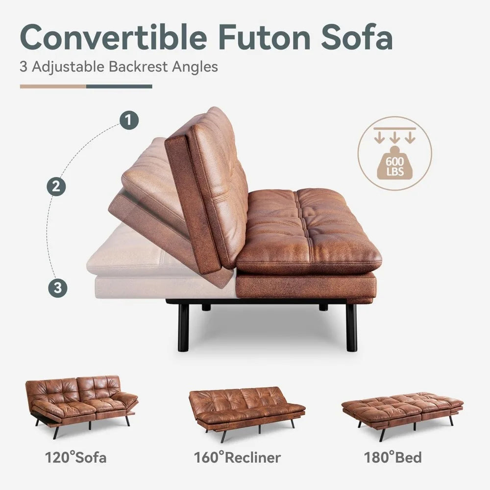 Futon Sofa Bed Convertible Couch, Brown Faux Leather Sofa Bed with Memory Foam, Adjustable Backrest & Armrests, Multifunctional
