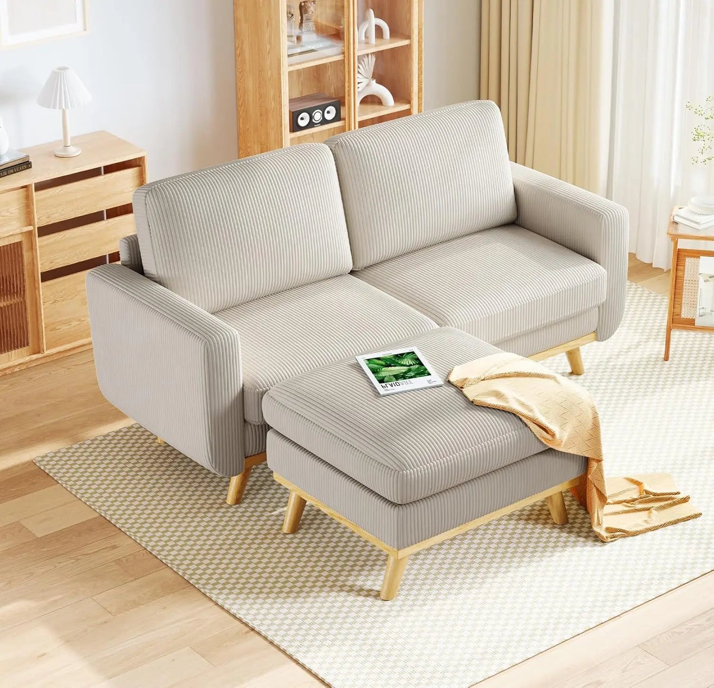 Comfy Corduroy with Spring Cushion, Solid Wood Frame, Modern Deep Seat, Bedroom & Living Room, Office Couch