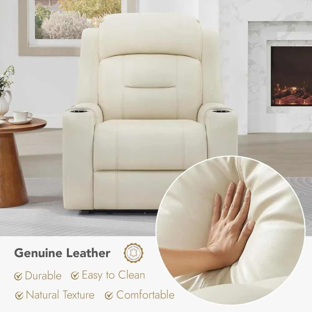 Genuine Leather Power Recliner Chairs for Adults, Lay Flat Recliner with Power Headrest, USB Ports and Cup Holders