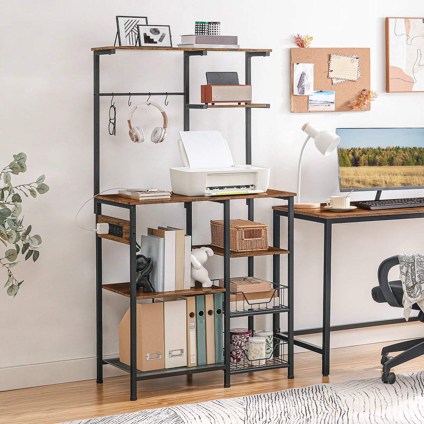 HOOBRO Large Bakers Rack with Power Outlets 6-Tier Microwave Stand with 4 Hooks Coffee Bar Rustic Brown and Black