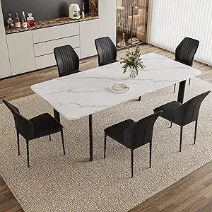 Extendable Dining Table Set for 6-8 People, 63 to 78.7 Inch MDF Kitchen Table with 6 Upholstered Chairs, Space-Saving for Dining