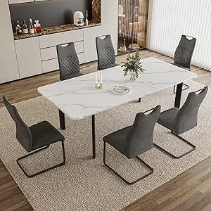 Extendable Dining Table Set for 6-8 People, 63 to 78.7 Inch MDF Kitchen Table with 6 Upholstered Chairs, Space-Saving for Dining
