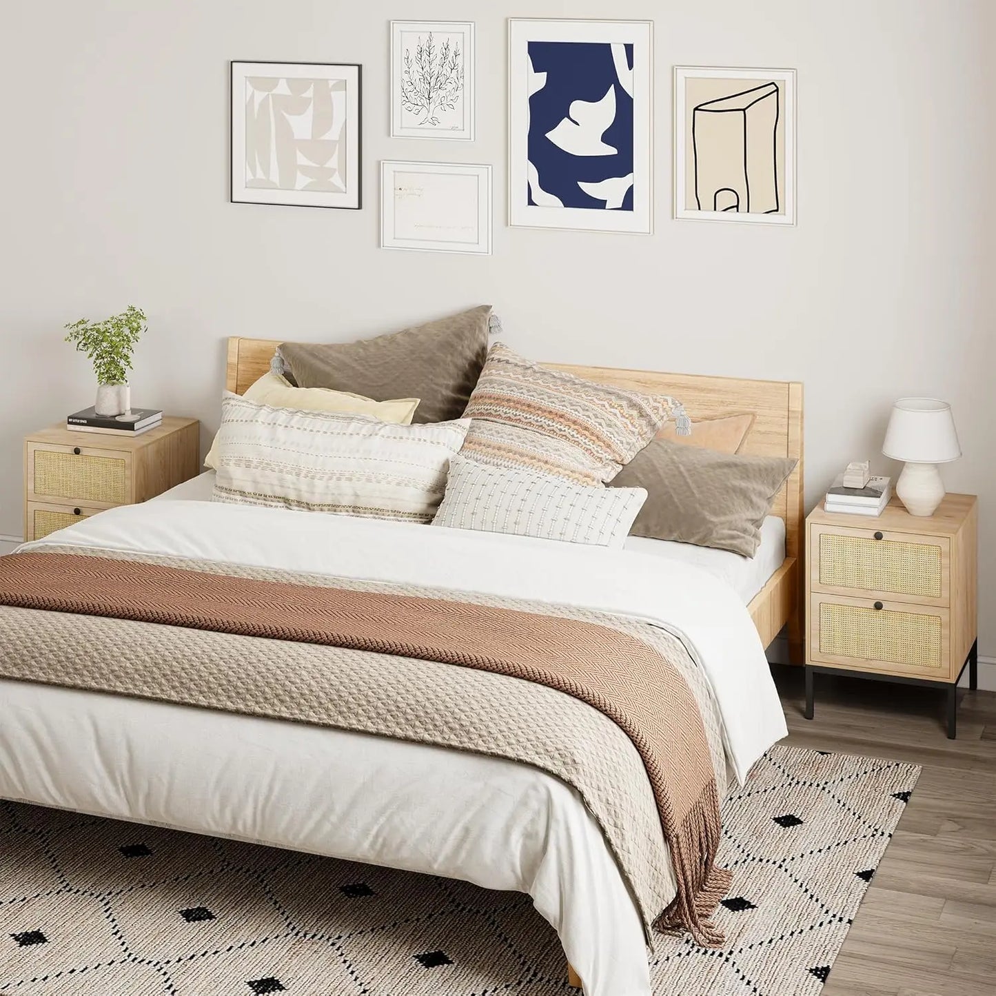 Natural Rattan Nightstand Set of 2, Boho Night Stand with Drawers, Bedside Table Accent Cane End Table Side Table for Bedroom L