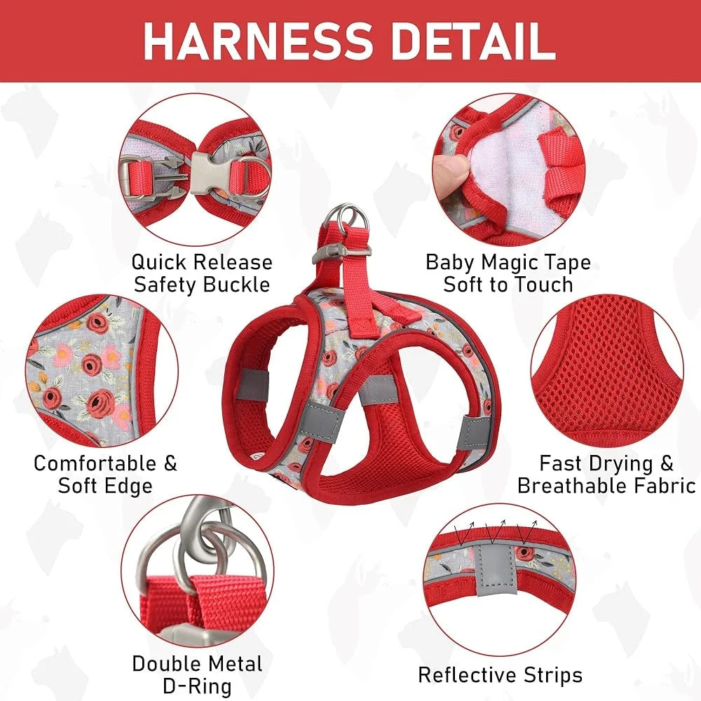Adjustable Small Dog Harness Collar Leash Set No Pull Soft Mesh Step In Reflective Vest with ID Tag