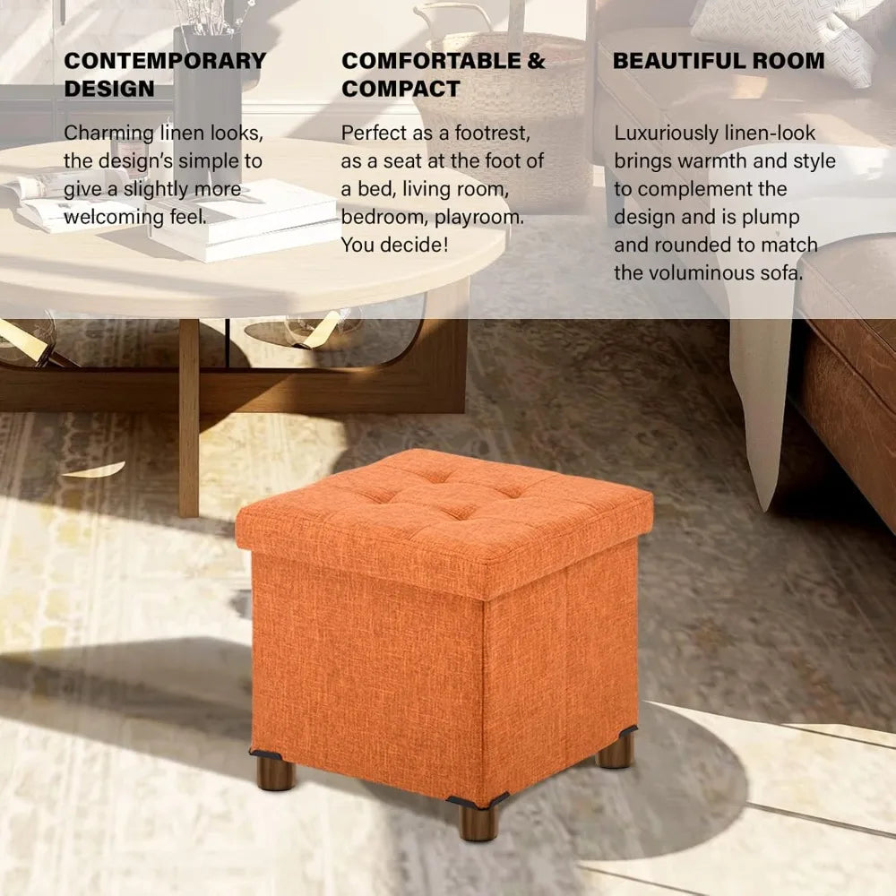 15 Inch Fabric Storage Ottoman with Wooden Legs - Foldable Cube Footrest Stool, Square Comfort Seat with Lid