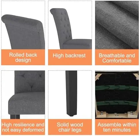 Upholstered Dining Chairs Set of 4, Tufted Parsons Kitchen Chair, Gray Linen Fabric, Solid Wood Legs