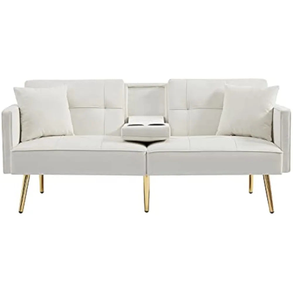 Futon Sofa Bed Modern Linen Fabric Couch Bed Loveseat Convertible Daybed with 2 Cup Holders and Removable Armrests