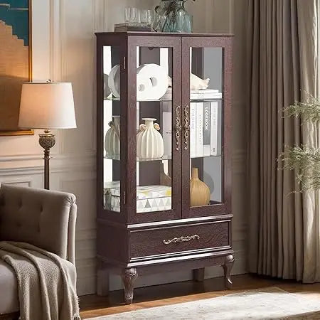 Lighted Curio Cabinet, 52" H Glass Display Cabinet with 3-Tier Adjustable Shelves, China Cabinet with Tempered Glass Doors for L