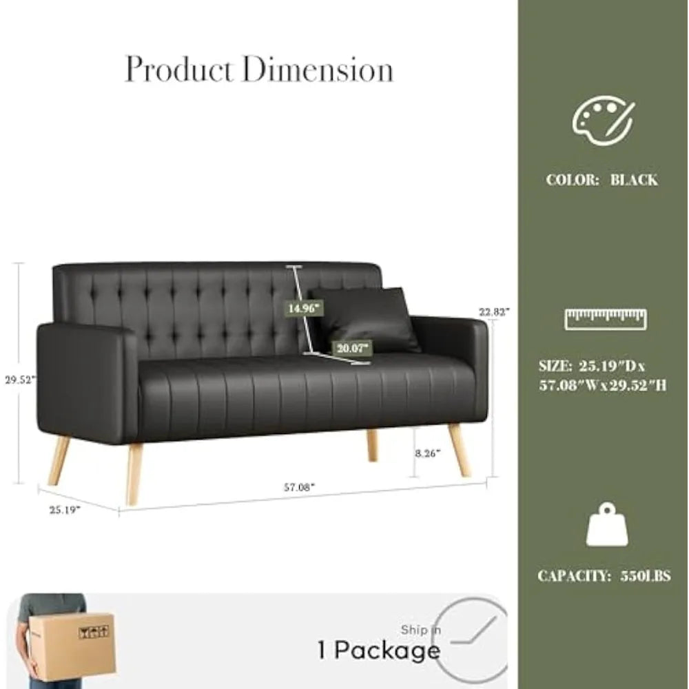 57” W Loveseat Sofa, Small Black Faux Leather Couch w/USB Charging Ports, Mid Century Modern Tufted Love Seat Couches