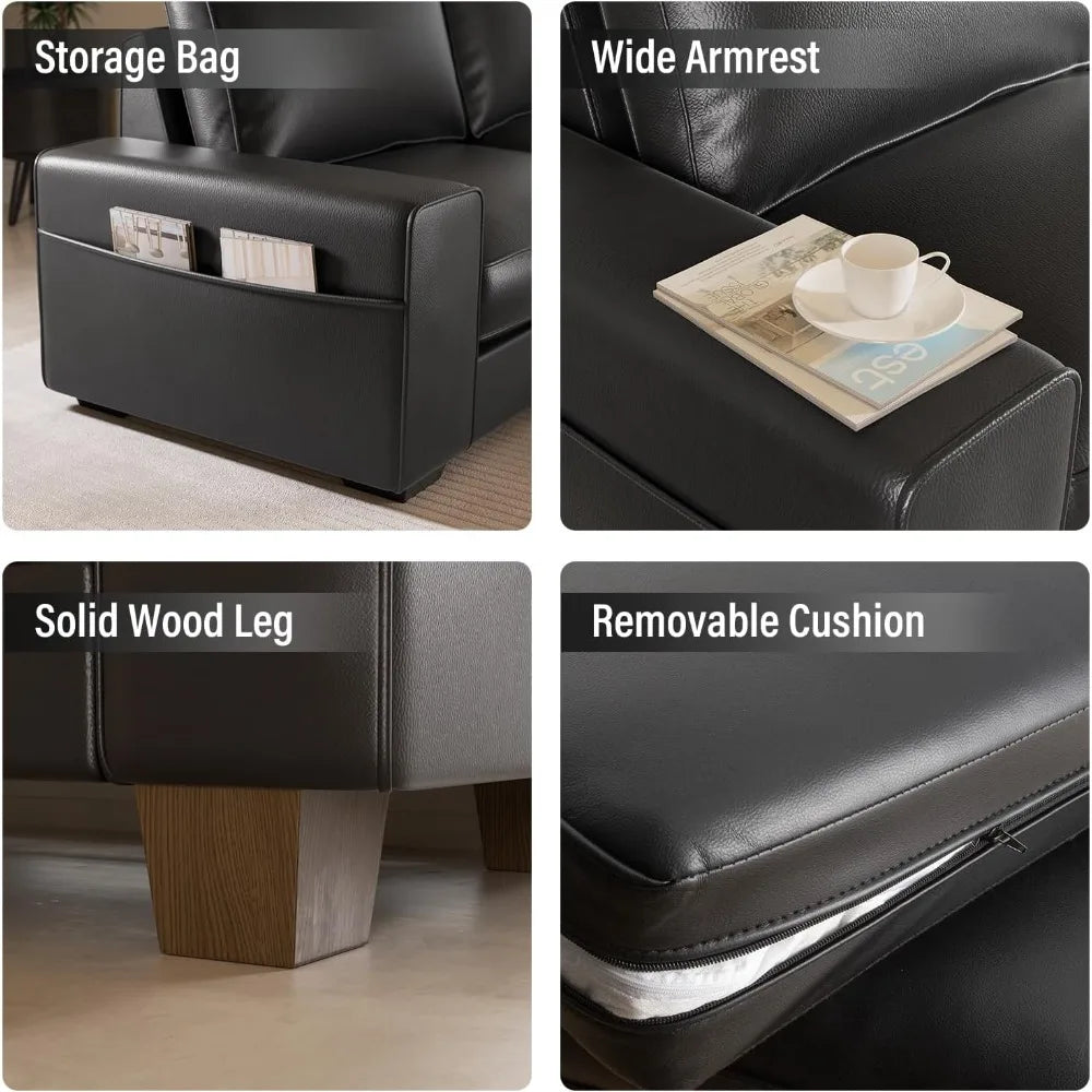 Faux Leather Couch, Mid Century Modern Comfy Loveseat Sofa with Wide Arm, Side Pockets, Solid Wooden Frame for Office