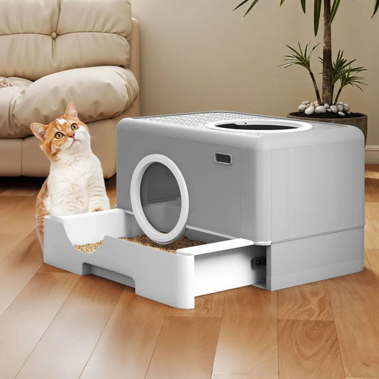 Large Enclosed Cat Litter Box with Hood and Slide-Out Drawer, Easy Clean Gray Furniture Style Cabinet for Odor Control