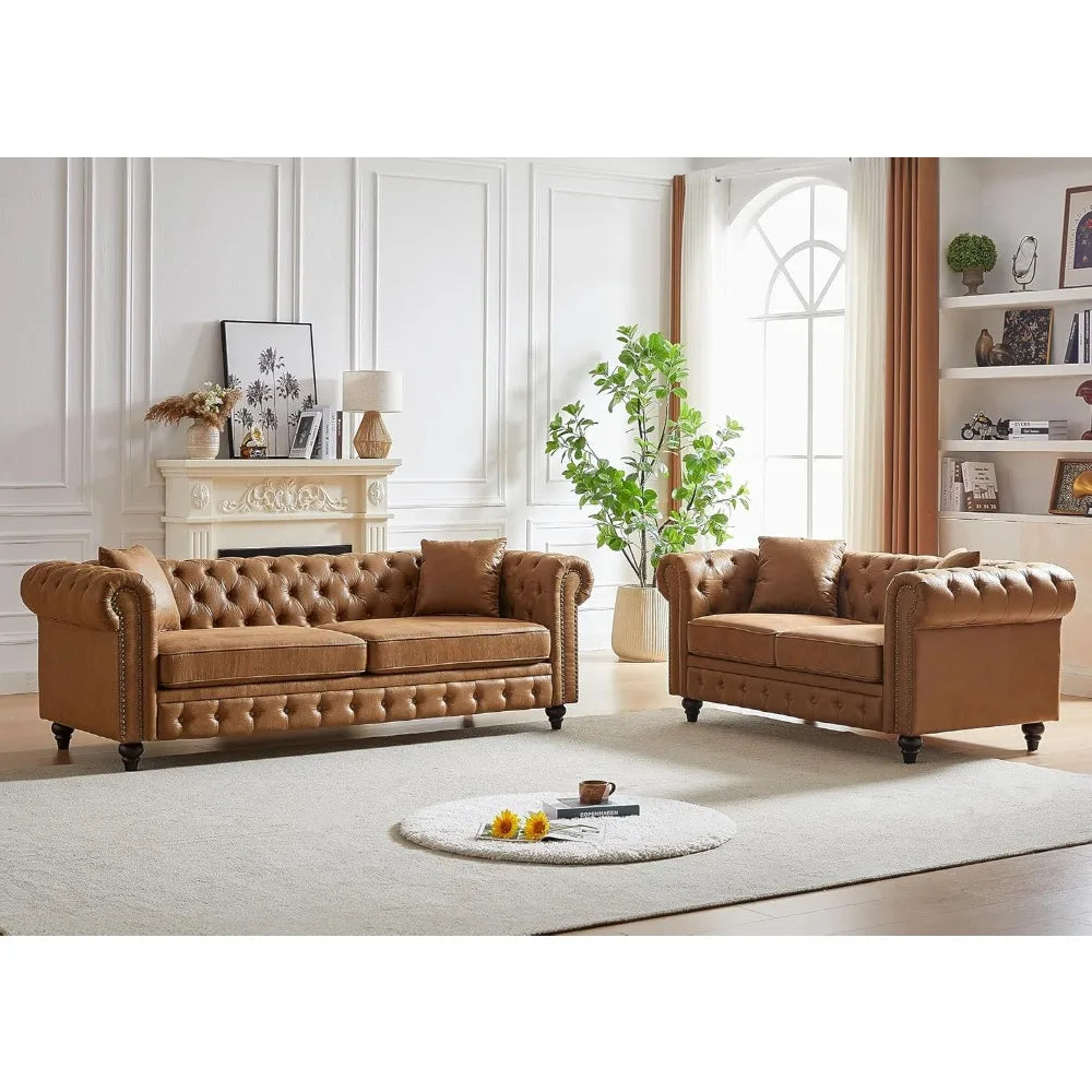 Mid Century Modern Couch,85.5" High-tech Fabric Button Tufted Oversized Loveseat Sofa w/ Nailhead Trim&Roll Armrest,Upholstered