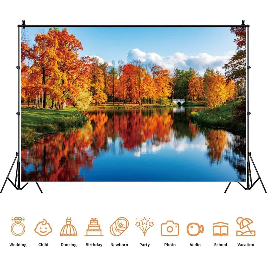 Yeele 10x8ft Natural Lake Scenery Backdrop Autumn Golden Tree Blue River Outdoor Landscape Photography Background Countryside V