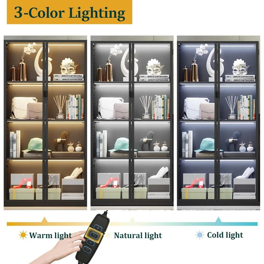Display Cabinet with Glass Doors and LED Lights, Glass Display Cabinet with 3 Adjustable Shelves, 4 Tier of Storage Space Curio