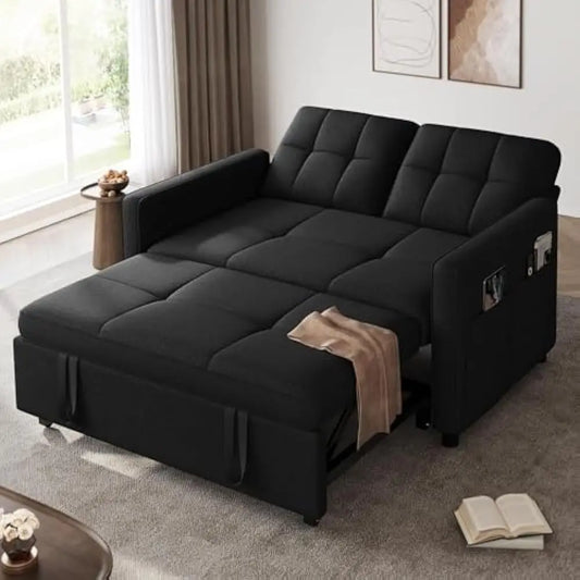 55" Convertible Sofa Bed, 3-in-1 Sleeper Sofa with Pull-Out Bed, Linen Futon Couch with Side Pocket and Adjustable Backrest