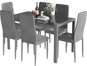 7-Piece Dining Table Set for 6, Tempered Glass Kitchen Table with PU Leather Chairs, Modern Dining Room Table Set for Small Spa