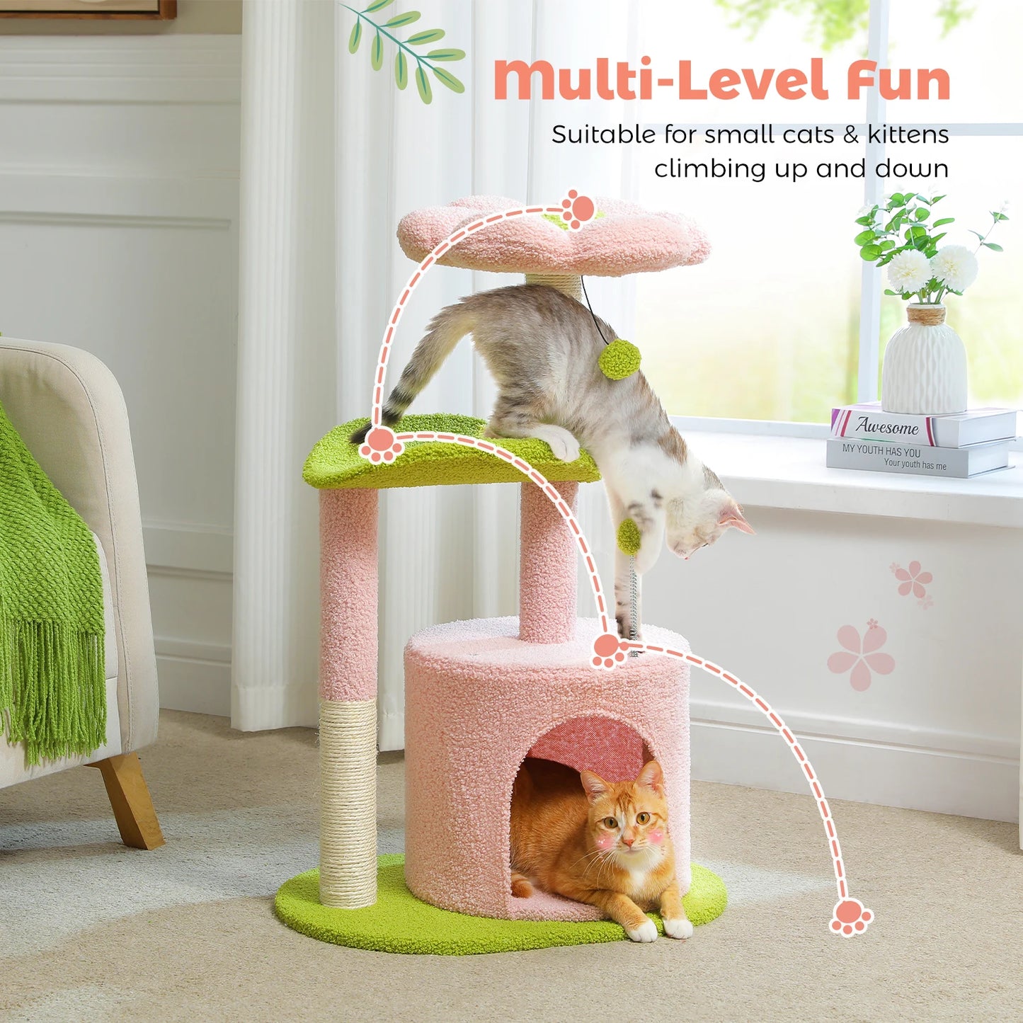 Flower Cat Tree for Indoor Cats, Small Cat Tower with Sisal Scratching Post, Soft Condo, Plush Perches, Fluffy Balls, Cat Toys
