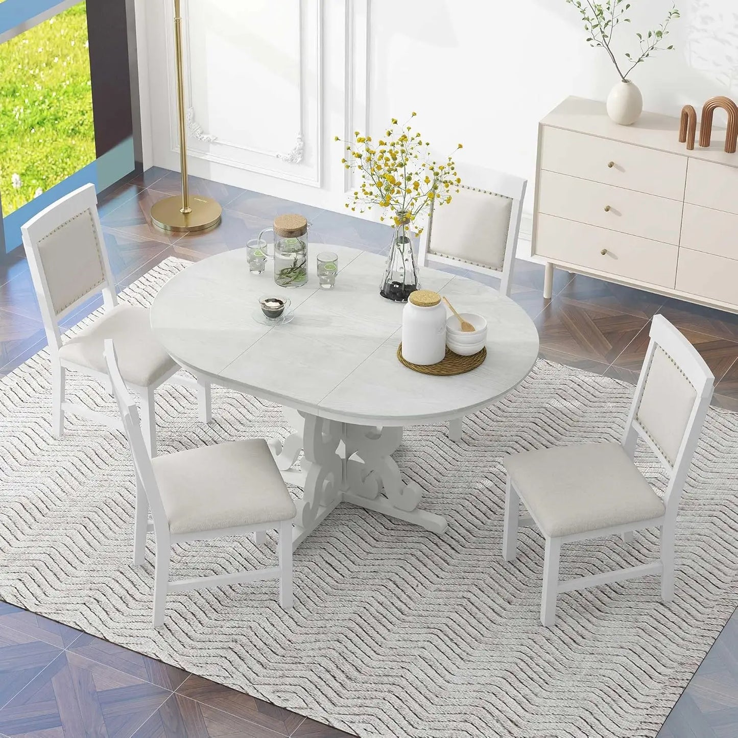 5-Piece Kitchen Table Set, Wood Round Extendable Dining Table and 4 Upholstered Dining Chairs, Farmhouse Dining Room