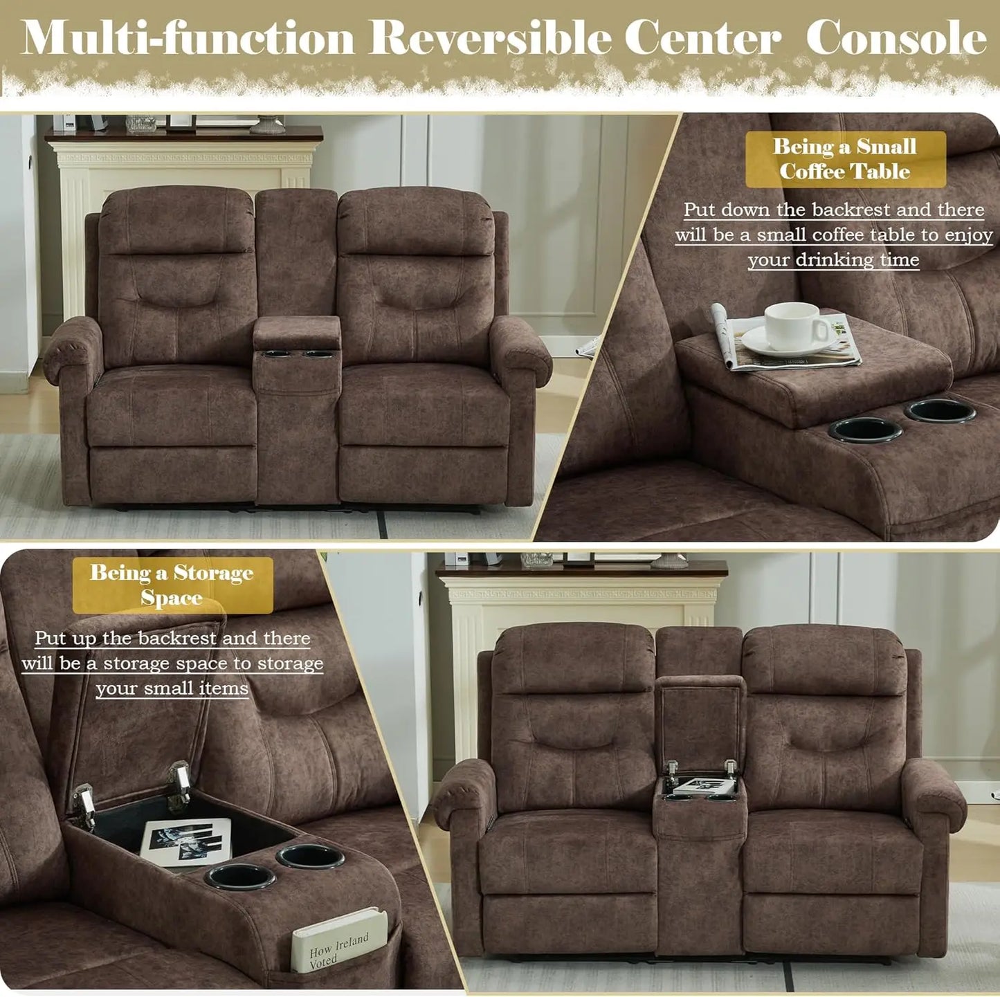 Loveseat Recliner Sofa with Console, Velvet Fabric Double Wall Hugger Reclining Couch Manual Home Movie Seating