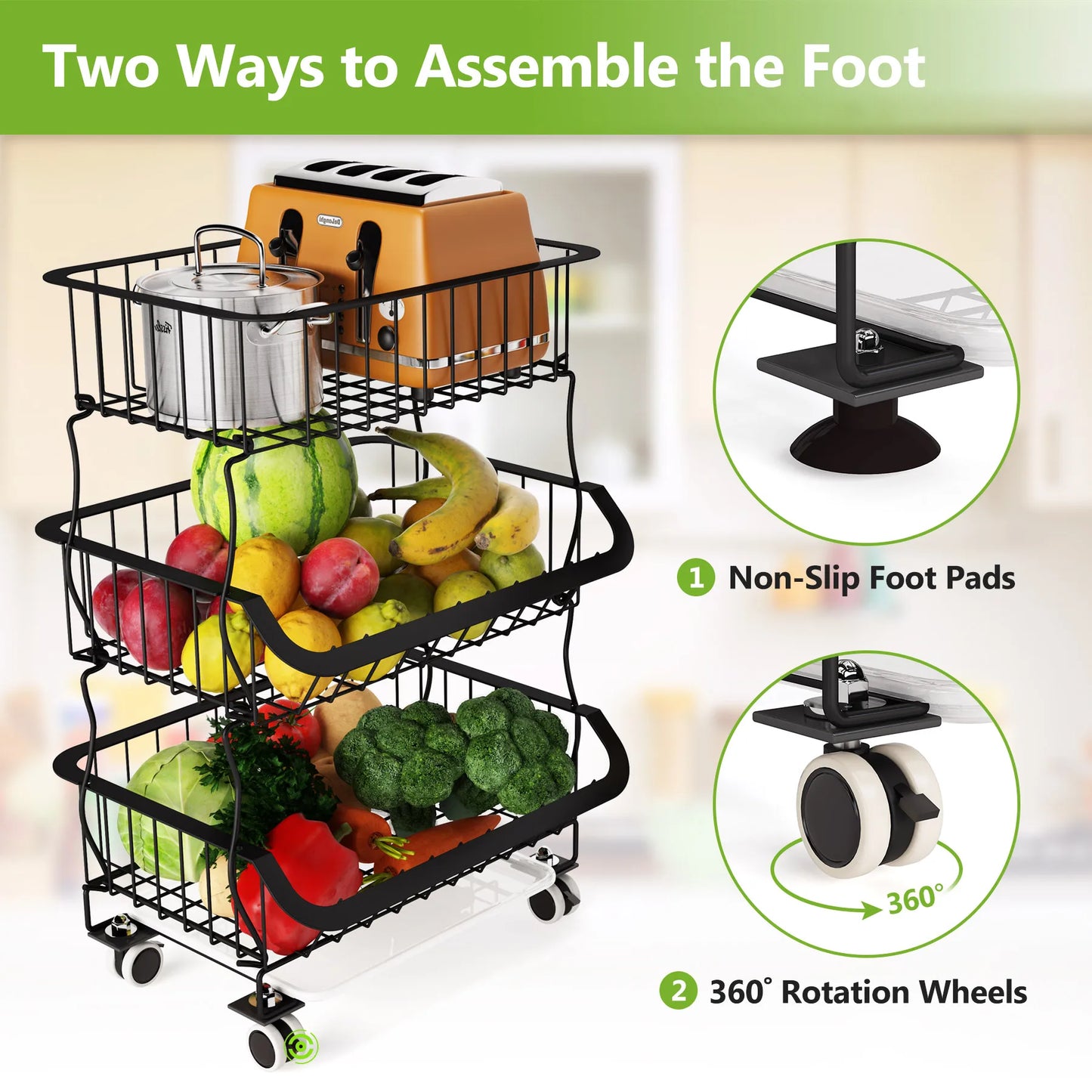 Fruit Basket, 3 Tier Stackable Metal Wire Basket Cart with Rolling Wheels, Utility Rack for Kitchen, Pantry, With 2 Free Baskets