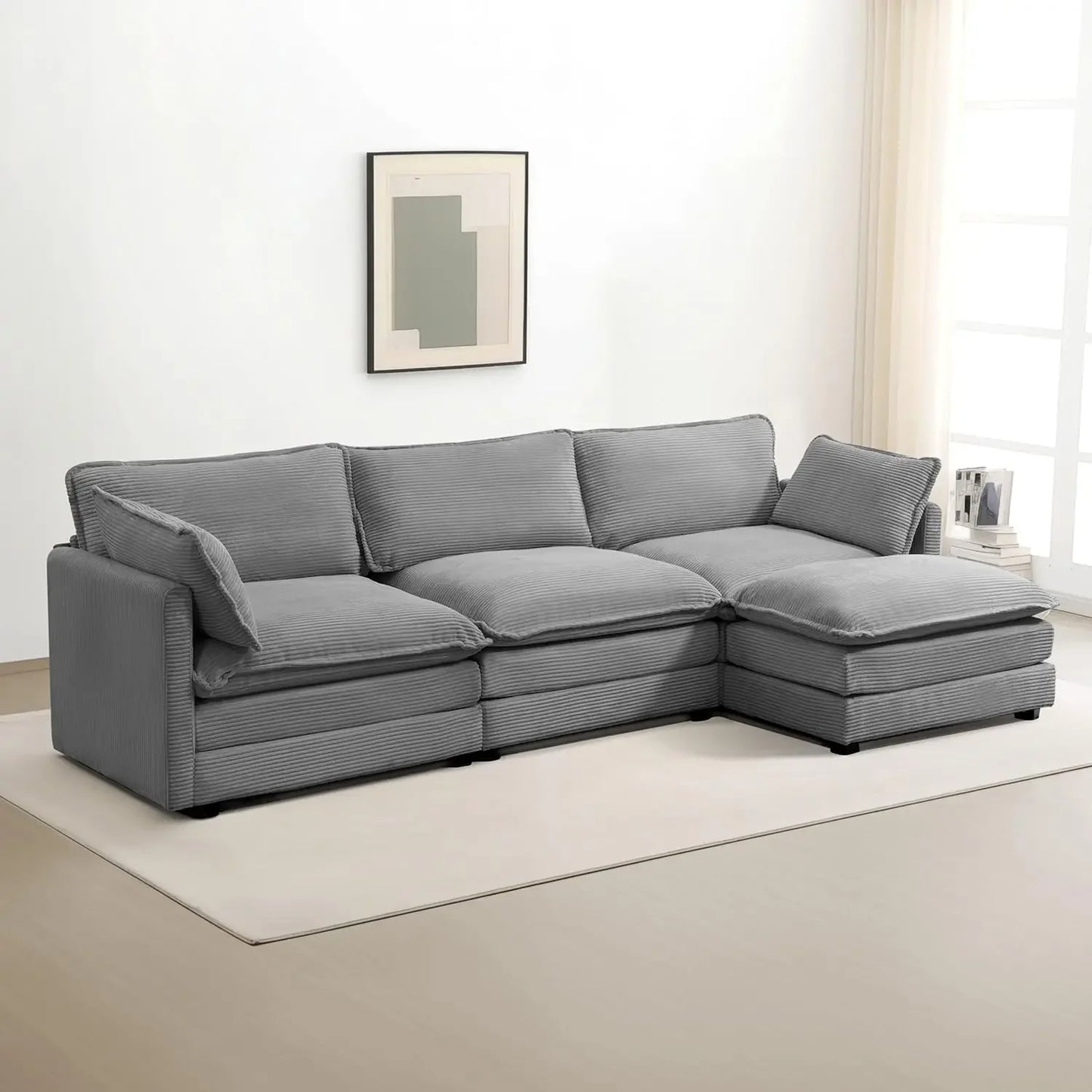 Oversized Modular Sectional Sofa with Movable Ottoman, 112 Inch 4 Seat Modern Corduroy Sofa Set, Convertible L Shaped Couch