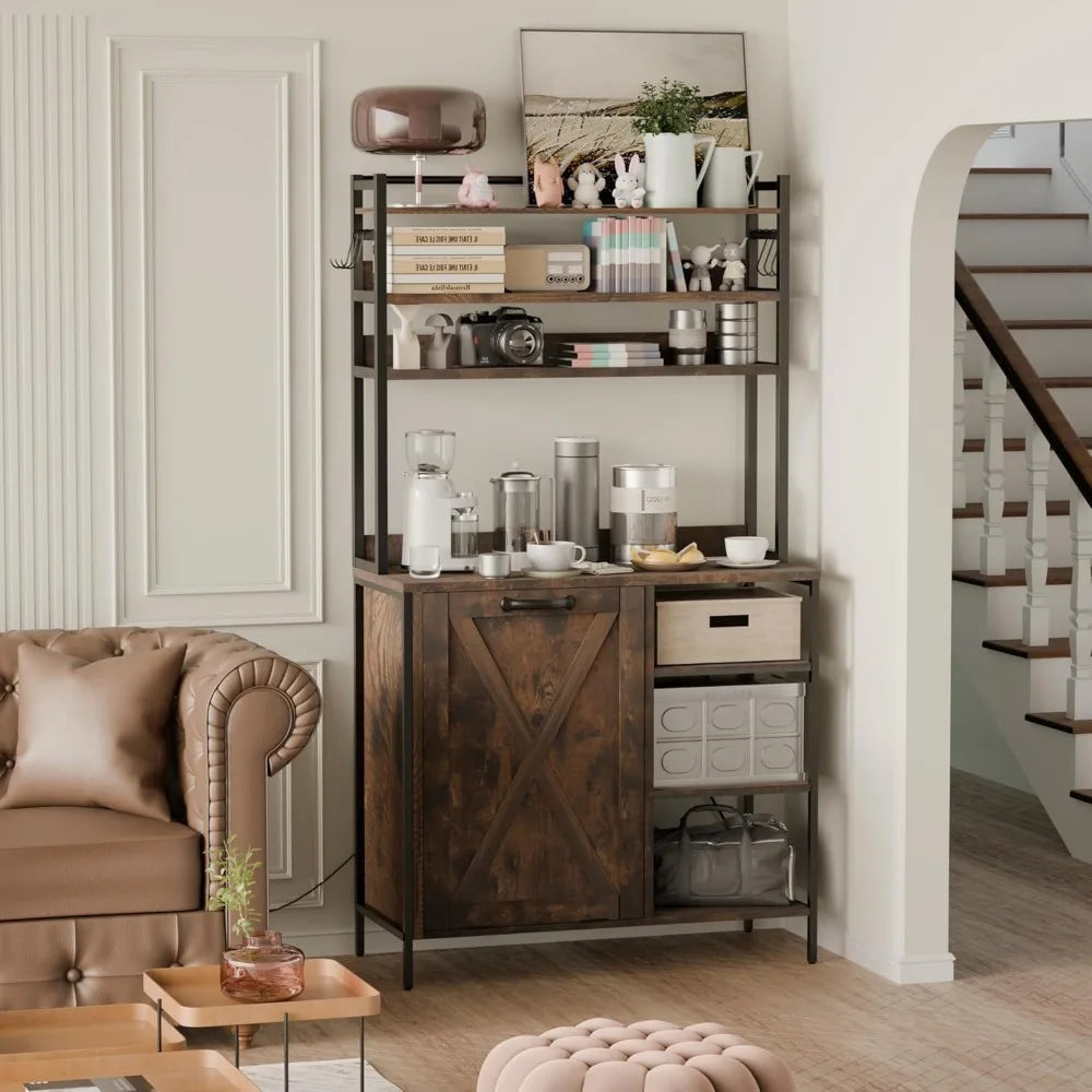 Kitchen Bakers Rack with Tilt-Out Trash Cabinet, Tall Coffee Bar Station with Power Outlet, Microwave Stand with Drawers