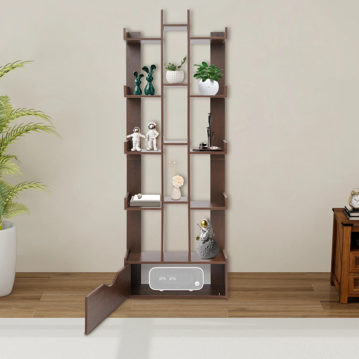 Dark Oak Color Rectangle Bookcase,Density Board 15-Compartment Bookcase with Cabinet ,51*18*142cm Floor Standing for Offices