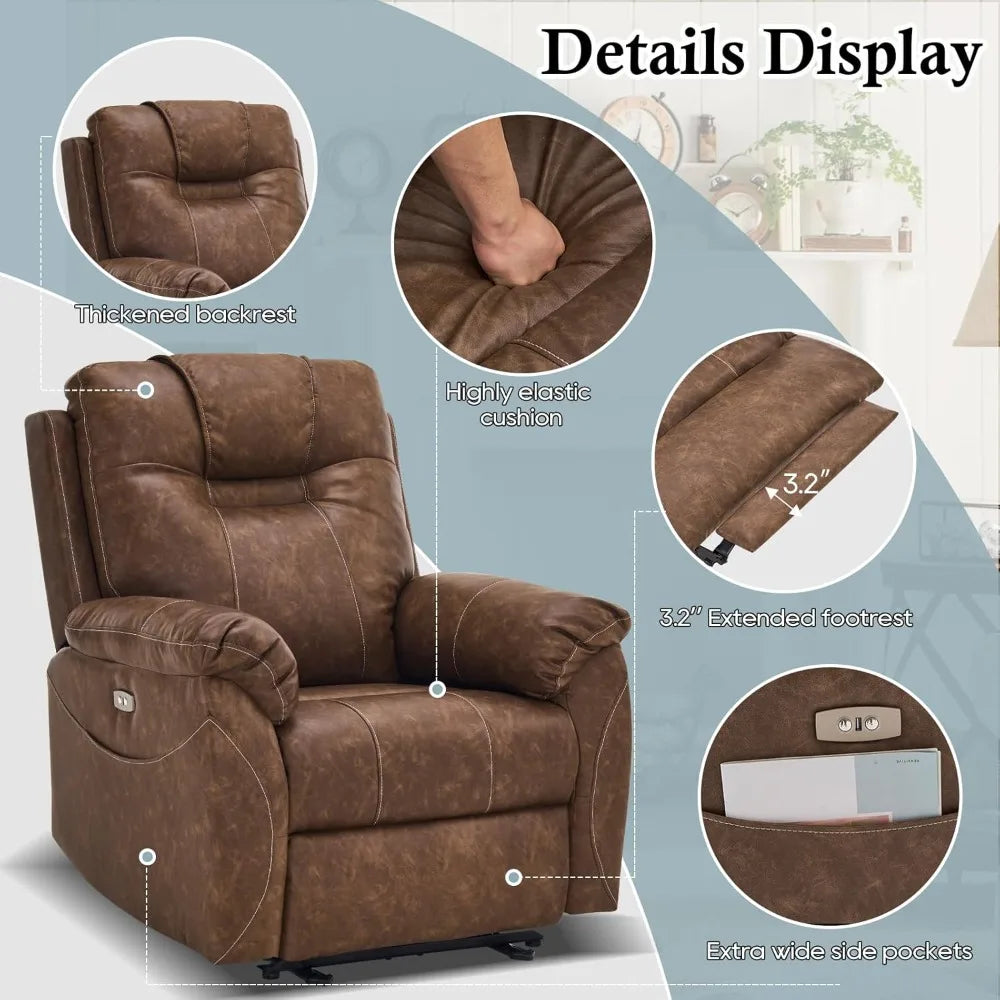 Power Recliner Chair, Wall Hugger Recliner with Massage and Heat, PU Leather Recliner Chair with 2 Side Pockets & USB Ports for