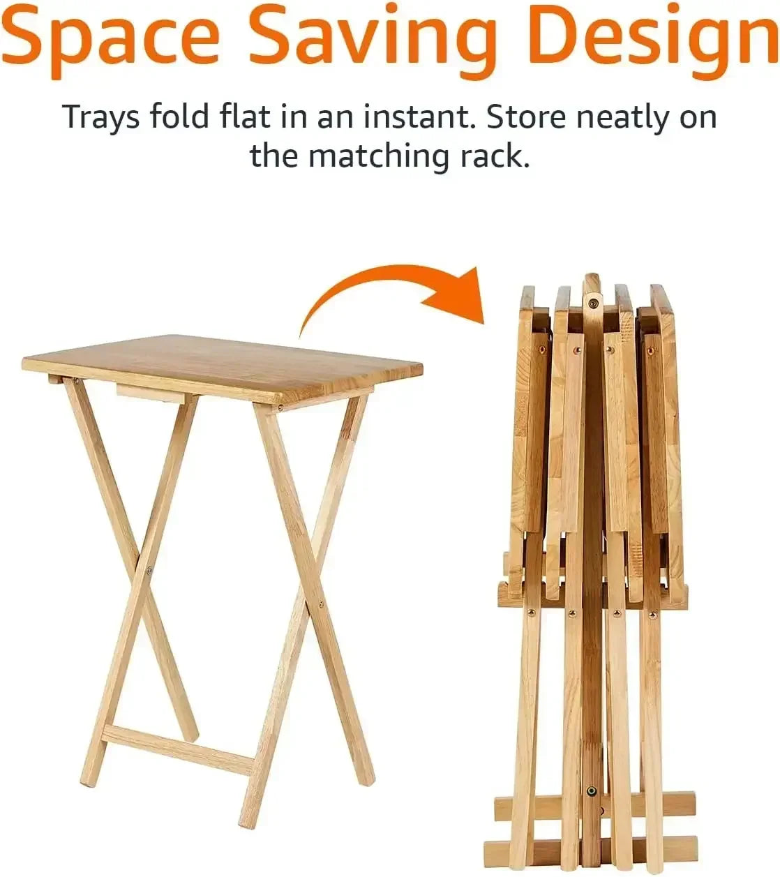 Classic TV Dinner Rectangular Folding Tray Table with Storage Rack, Natural - Set of 4 Trays, 15"D x 19"W x 26"H