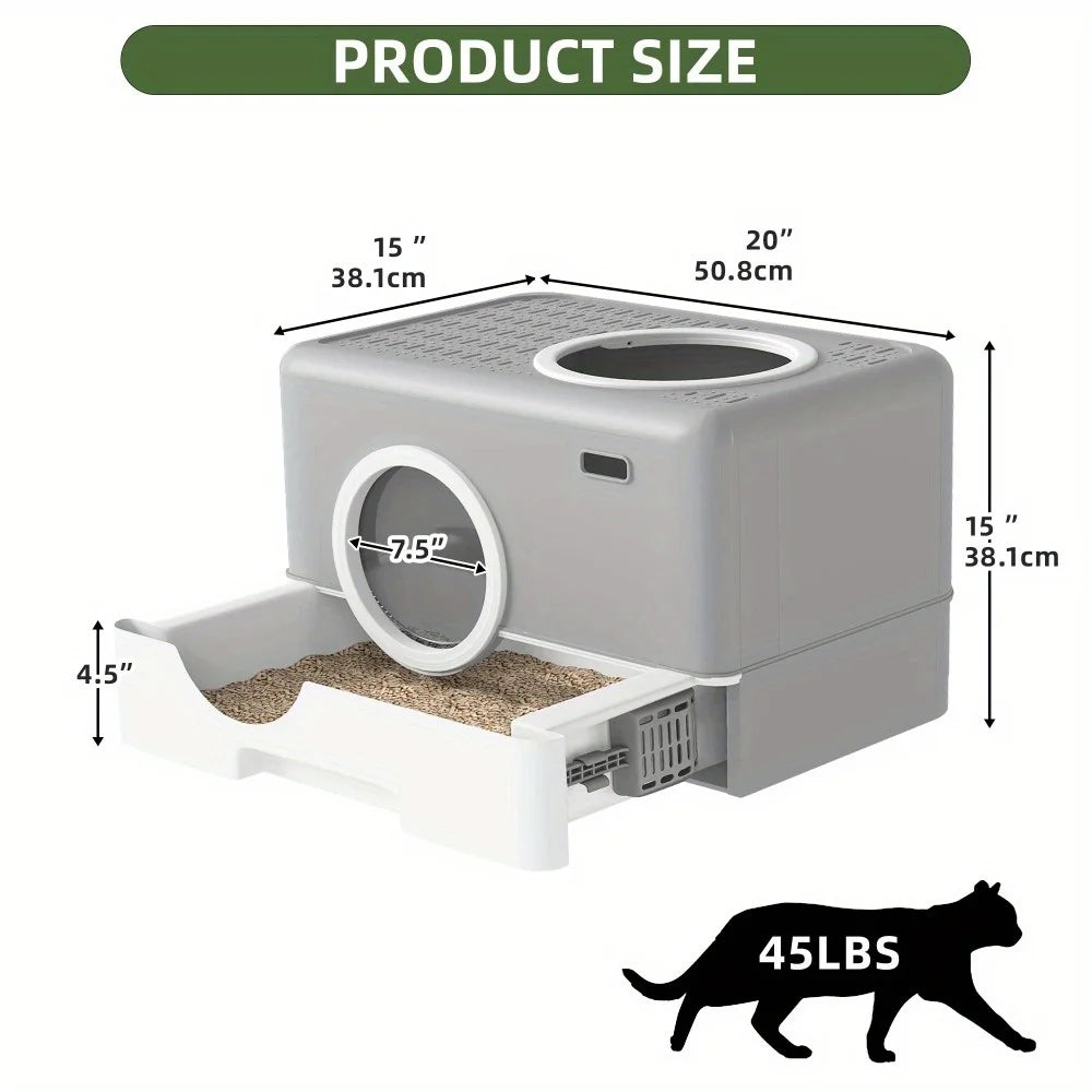 Large Enclosed Cat Litter Box with Hood and Slide-Out Drawer, Easy Clean Gray Furniture Style Cabinet for Odor Control