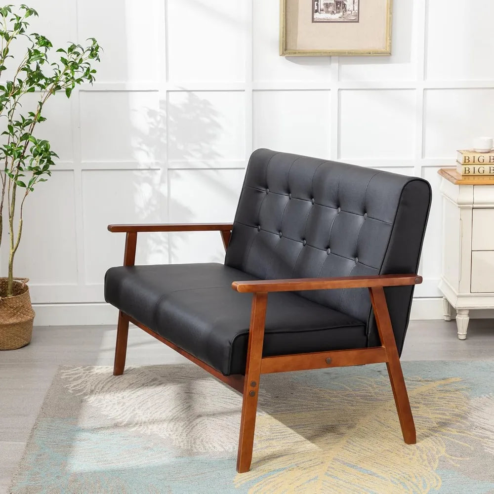 Mid-Century Modern Solid Loveseat Sofa Upholstered Faux Leather Couch 2-Seat Wood Armchair Living Room/Outdoor Lounge
