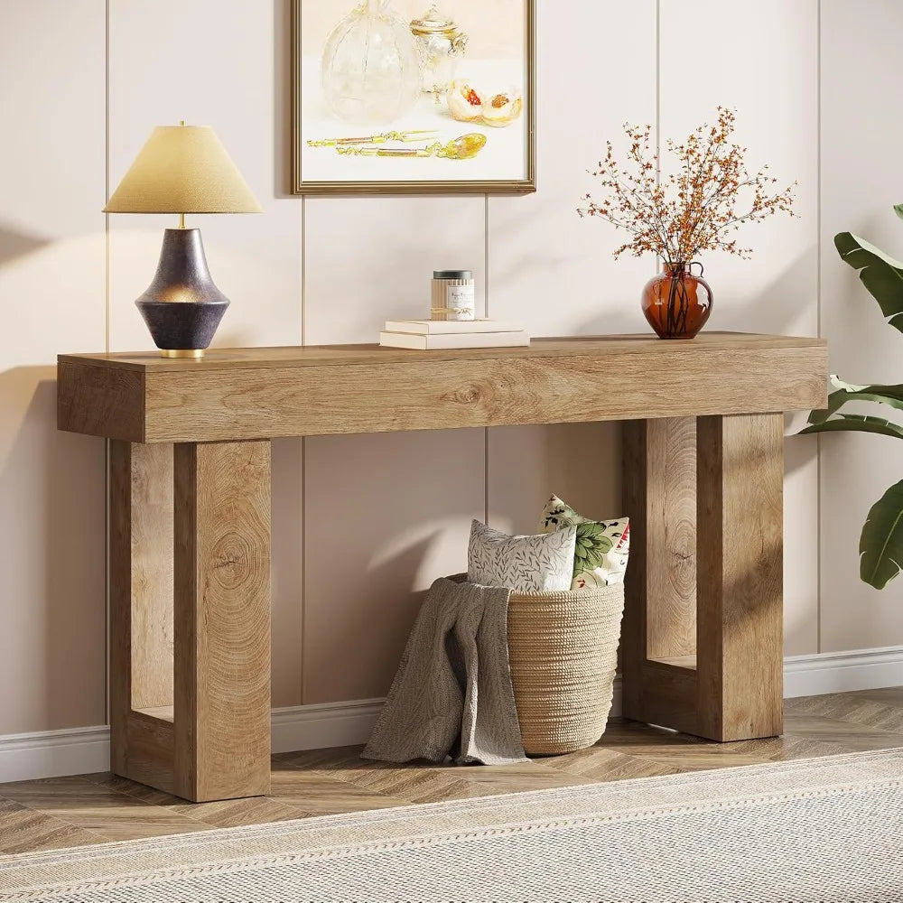 63-inch long console table, wooden rectangular sofa table behind the couch, farmhouse entryway table for entrance, hallway, liv