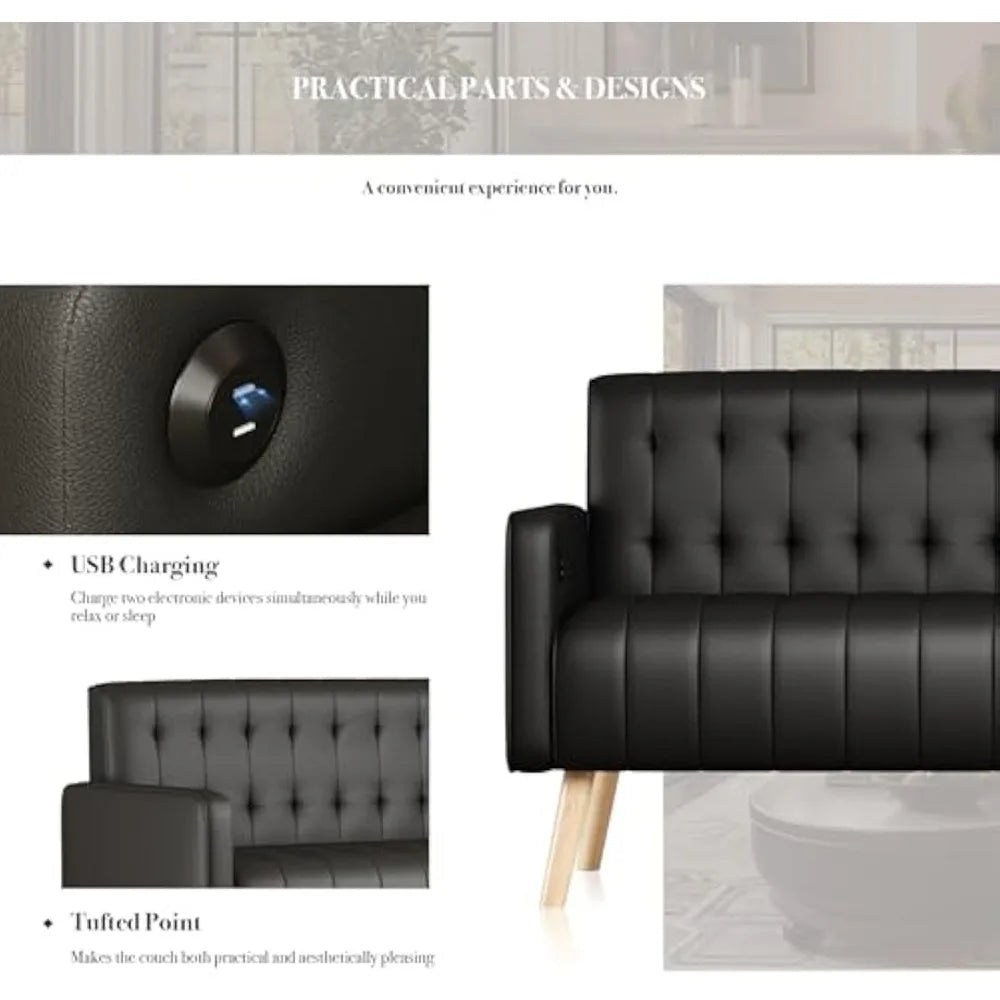 57” W Loveseat Sofa, Small Black Faux Leather Couch w/USB Charging Ports, Mid Century Modern Tufted Love Seat Couches
