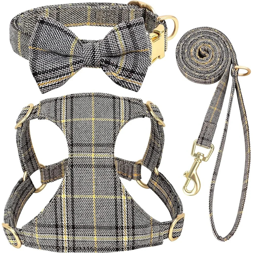 Cute Small Dog Harness Set Adjustable Soft Plaid Pet Collar Leash Bowtie Puppies Walking Parties Comfort Durable Design