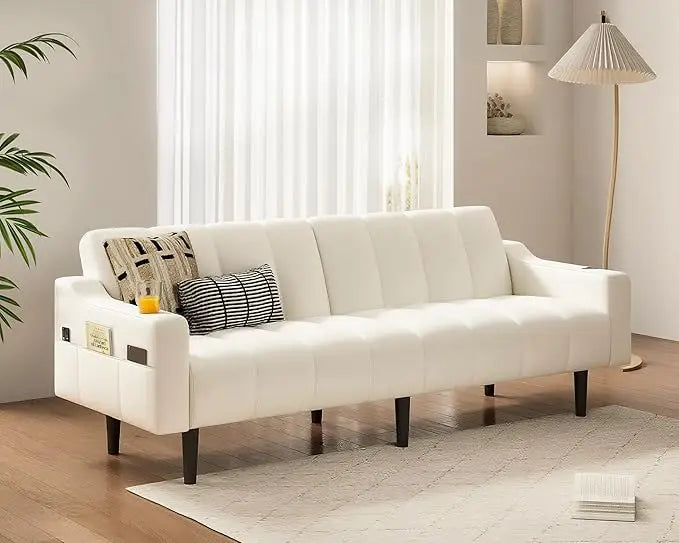 80'' Leather Couch, Futon Sofa Bed, Faux Leather Couch with Adjustable Backrest, 2 Cup Holders & Side Pockets, Mid Century