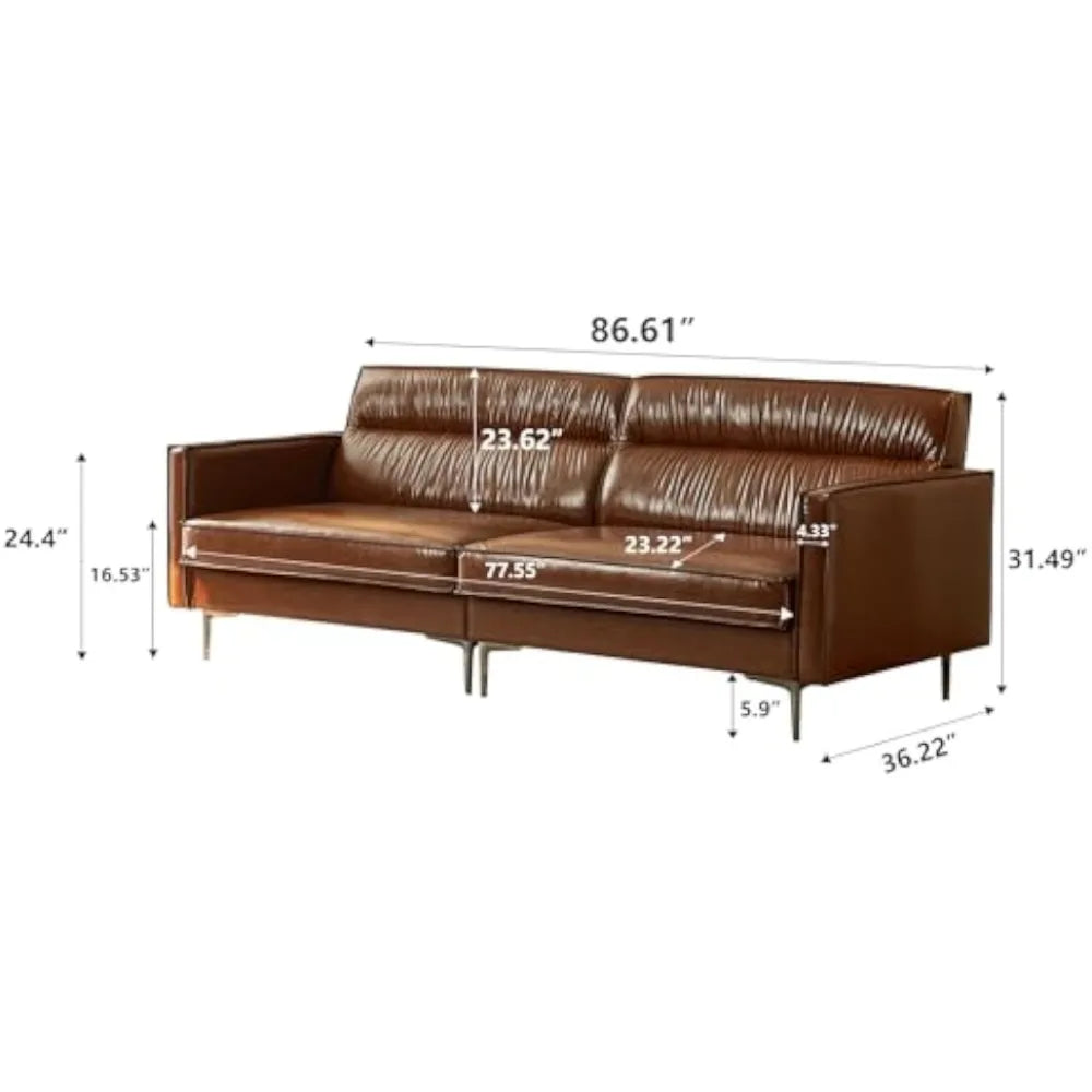 Mid-Century 3-Seater Leather Sofa with Removable Backrest and Cushions, Vintage Modern Lounge Couch for Office, Apartment