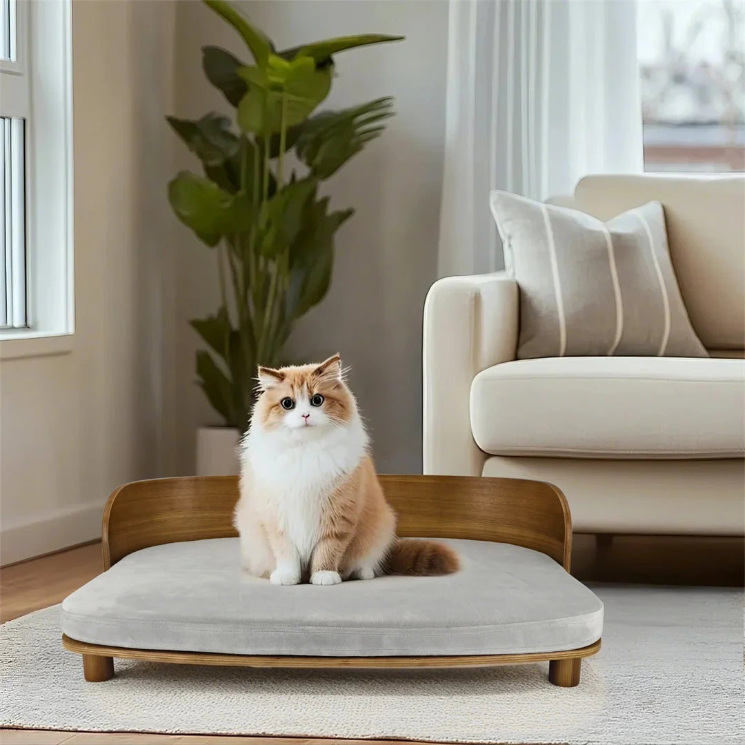 Indoor Wooden Elevated Dog Cat Bed Sofa Couch Puppy Stool Bed with Cozy Sponge Pad for Small Cats and Pup