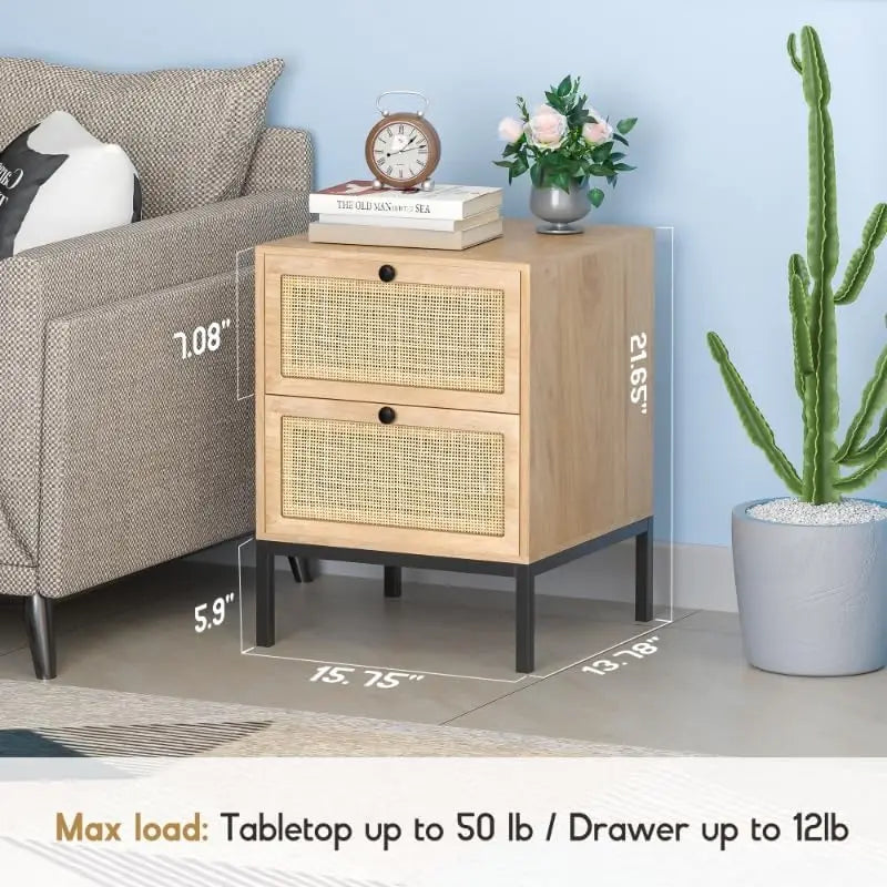 Natural Rattan Nightstand Set of 2, Boho Night Stand with Drawers, Bedside Table Accent Cane End Table Side Table for Bedroom L