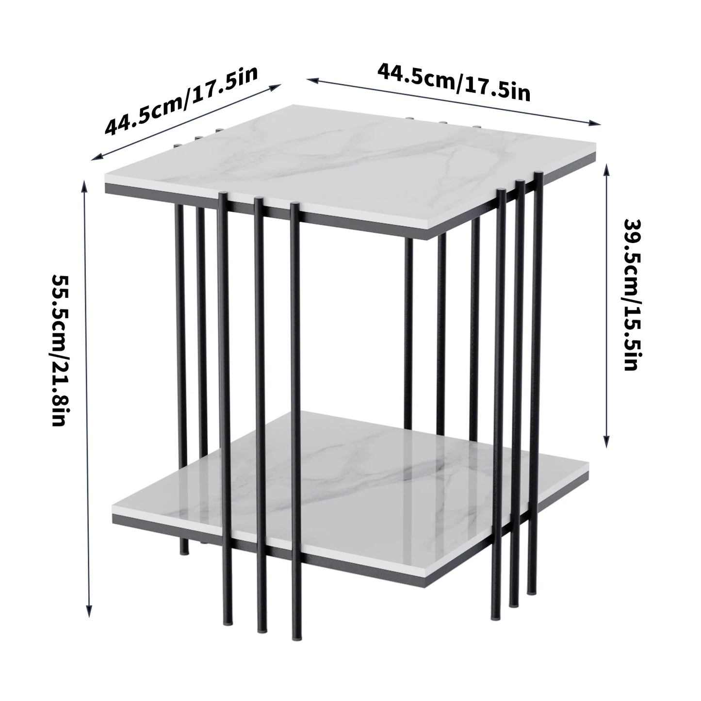 2-Tier Marble Sofa Side Table Coffee Table Modern Square Black Metal Frame for Living Room Accent