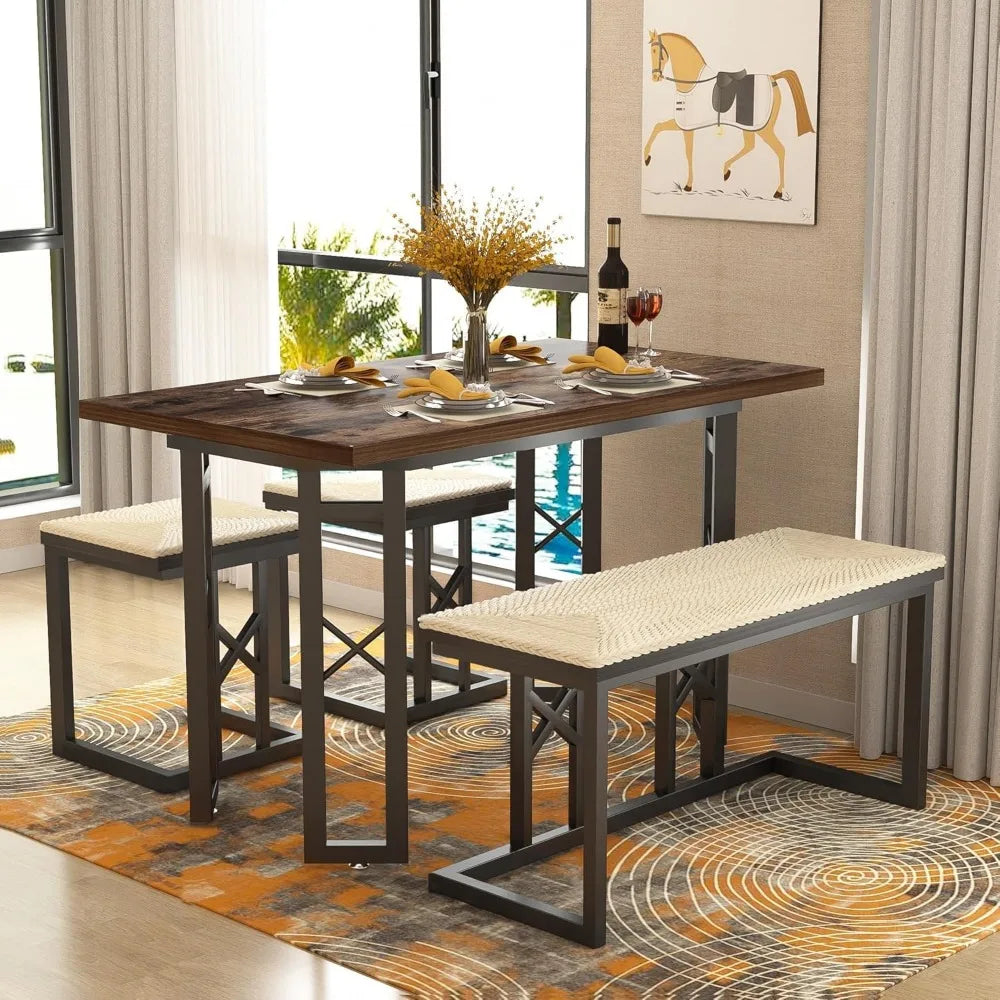 43.3" Dining Table Sets, Farmhouse Kitchen Table for 4 with 3 Seats & Wicker Seat Cushions,Metal Frame Space-Saving Adjustable