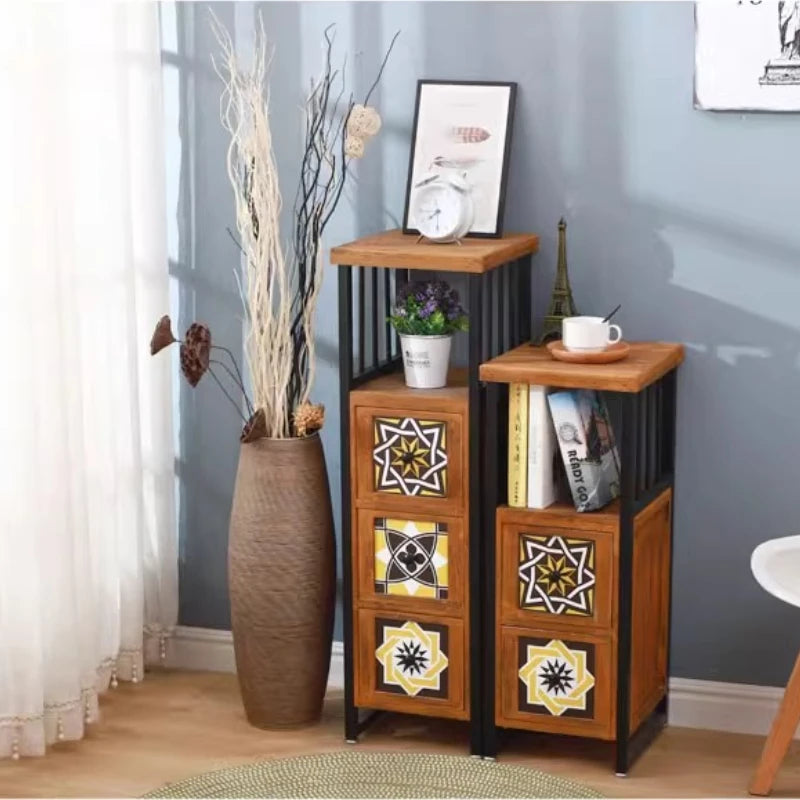 American Vintage Narrow Wooden Side Cabinet‌ Hand-Painted Slim Space-Saving Storage for Living Room Artistic Multi-Drawer Chest